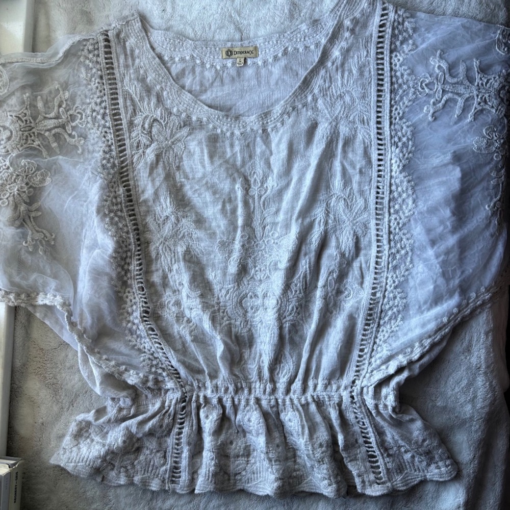 Boho Lace Embroidered Peasant Blouse Angel Wings Frilly Waist